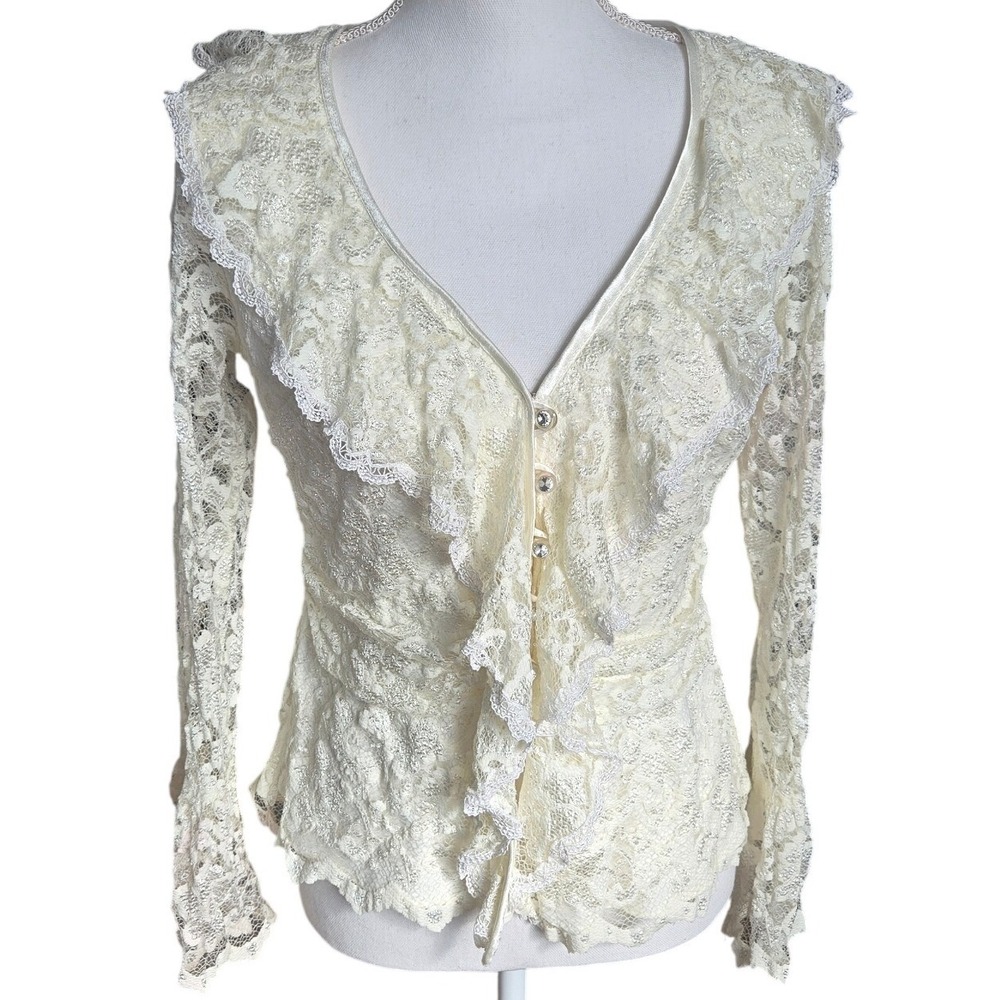 Vintage J.R. Nites Blouse Top Fairy Romantic Cream Lace Ruffle Long Sleeve Sz 12